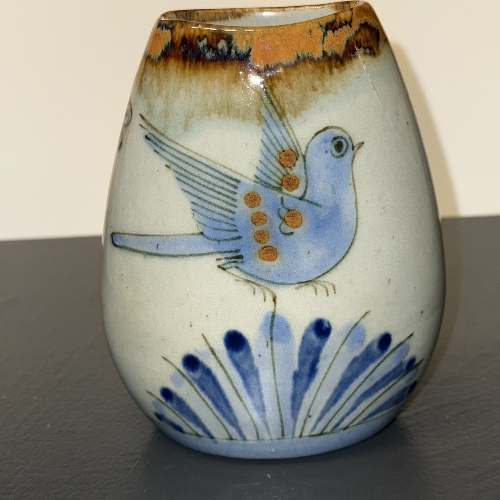 El Palomar‎ Mexico Pottery Vase Blue Bird Floral Hand Painted Folk Art Studio
